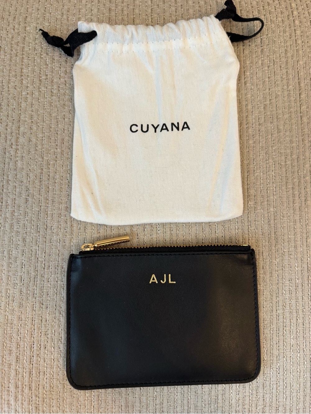 Cuyana Black Leather Zip Card Wallet with Gold Monogram